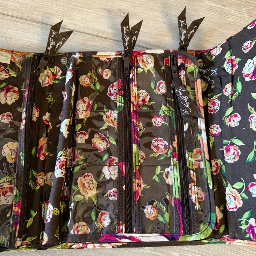 Vera Bradley Floral Quilted Clutch Makeup Bag Travel Organizer Brown Pink Rose